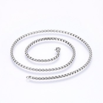 304 Stainless Steel Box Chain Necklaces, with Lobster Claw Clasps, Stainless Steel Color, 19.7 inch(50cm), 3mm