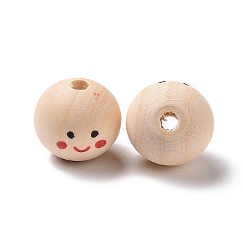 Printed Wood European Beads, Large Hole Round Bead with Smiling Face Pattern, Undyed, Bisque, 24.5x22.5mm, Hole: 4.9mm, about 104pcs/500g