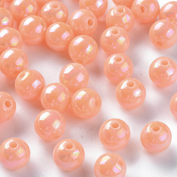 Opaque Acrylic Beads, AB Color Plated, Round, Light Salmon, 10x9mm, Hole: 2mm, about 940pcs/500g