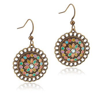 1 Pair Enamel Flower Dangle Earrings with Rhinestone, Antique Bronze Alloy Jewelry for Women, Colorful, 39mm, Pin: 0.6mm