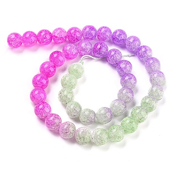 Spray Painted Crackle Glass Beads Strands, Gradient Color, Segmented Multi-color Beads, Round, Magenta, 10mm, Hole: 1mm, about 38pcs/strand, 15.28 inch(38.8cm)