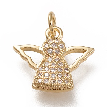 Brass Micro Pave Clear Cubic  Zirconia Pendants, with Jump Rings, Angel, Real 18K Gold Plated, 14x16x2.5mm, Jump Ring: 5x1mm, 3mm Inner Diameter