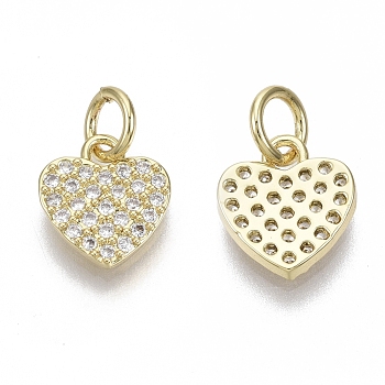 Brass Micro Pave Cubic Zirconia Charms, with Jump Ring, Nickel Free, Heart, Clear, Real 18K Gold Plated, 10x9x1.5mm, Hole: 3mm