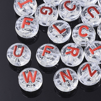 Plating Transparent Acrylic Beads, with Glitter Powder, Metal Enlaced, Horizontal Hole, Flat Round with Letter, Red, 10x6mm, Hole: 1.8mm, about 15pcs/5g