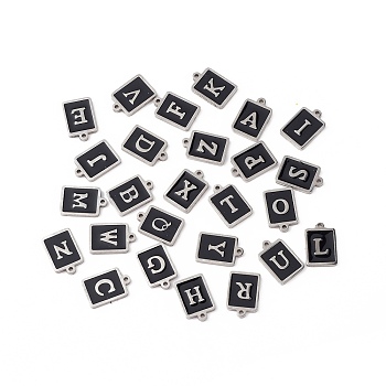 304 Stainless Steel Pendants, with Enamel, Stainless Steel Color, Rectangle with Letter.A~Z, Black, 17.5x12x2mm, Hole: 1.5mm, about 26pcs/set