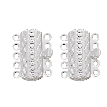 304 Stainless Steel Box Clasps, Multi-Strand Clasps, 5-Strands, 10-Holes, Rectangle with Flower, Silver Color Plated, 19.5x15x3mm, Hole: 1.4mm