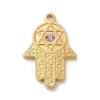 304 Stainless Steel Pendants, with Light Rose Rhinestone, Hamsa Hand with Star of David Charms, Real 14K Gold Plated, 28.5x19x2.5mm, Hole: 2mm