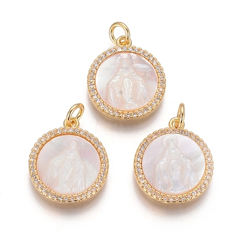 Brass Pendants, with Micro Pave Cubic Zirconia, Shell and Jump Rings, Flat Round with Virgin Mary, Clear, Golden, 17.5x15x3mm, Hole: 3mm
