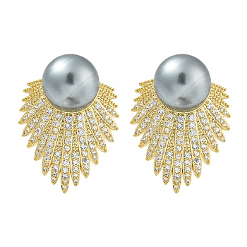 Rack Plating Fan Brass Micro Pave Clear Cubic Zirconia Stud Earrings, with Shell Pearl, Golden, 28x21.5mm