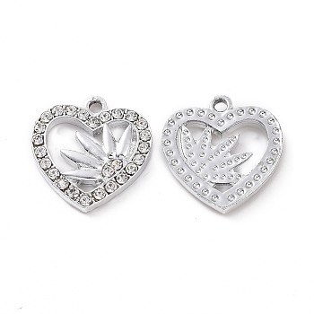 Alloy Crystal Rhinestone Pendants, Heart with Flower Charms, Platinum, 18.5x18x2.5mm, Hole: 2mm