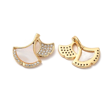 Plating Brass Micro Pave Cubic Zirconia Pendant, with Shell, Leaf, Real 18K Gold Plated, 13x13x4.3mm, Hole: 1.4x3mm