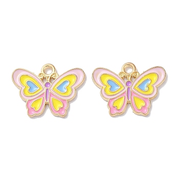 Alloy Enamel Pendants, Golden, Butterfly Charm, Pink, 15x20x1mm, Hole: 1.8mm
