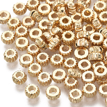 Brass Spacer Beads, Nickel Free, Corrugated Rondelle, Real 18K Gold Plated, 3x1.5mm, Hole: 1.2mm
