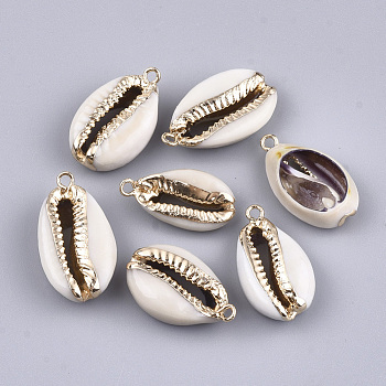 Electroplate Cowrie Shell Pendants, with Iron Findings, Light Gold, 23~26x12~15x7~8mm, Hole: 1.8mm