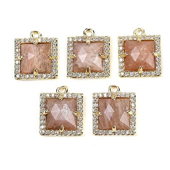 Natural Sunstone Faceted Square Charms, Rack Plating Brass Micro Pave Clear Cubic Zirconia Charms, Golden, 13.5x11.5x4.5mm, Hole: 1.4mm