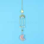 Rose Quartz Moon Sun Catcher Hanging Ornaments, with Brass Star & Sun, for Home, Garden Decoration, 400mm(HJEW-PW0002-11C)