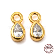 Real 18K Gold Plated 925 Sterling Silver Charms, with Clear Cubic Zirconia, with S925 Stamp, Teardrop, 6.3x3x2mm, Hole: 1.2mm(STER-K176-03D-G)