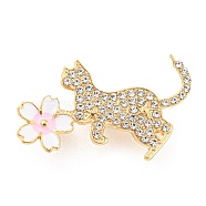 Alloy Rhinestone Brooches, Cat with Sakura Enamel Pins for Women, Golden, 25x39x2mm(JEWB-P023-03G)