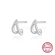 Rhodium Plated 925 Sterling Silver Stud Earrings, Half Hoop Earrings with Cubic Zirconia, Platinum, 11x7mm(RF3970-3)