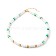 Polymer Clay Heishi Beaded Necklaces, with Brass Beads and 304 Stainless Steel Lobster Claw Clasps, Golden, Spring Green, 15.75 inch(40cm)(NJEW-JN03504-03)