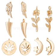 10Pcs 5 Style Brass Charms, Flat Round with Hemp Leaf & Horn & Wing & Flower, Nickel Free, Real 18K Gold Plated, 12~20.5x5~10.5x1~3mm, Hole: 1mm, 2pcs/style(KK-BC0009-58)