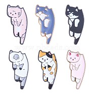 6Pcs 6 Style Cat Enamel Pins, Light Gold Alloy Animal Badges for Clothes Jackets Hats, Mixed Color, 30x14mm, 1Pc/style(JBR091A)