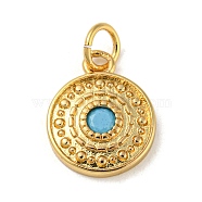 Rack Plating Brass Deep Sky Blue Micro Pave Deep Sky Blue Cubic Zirconia Pendants, with Jump Ring, Cadmium Free & Lead Free, Long-Lasting Plated, Flat Round, Real 18K Gold Plated, 13.5x11x2mm, Hole: 3.4mm(KK-A200-15G)