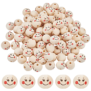 Elite 100Pcs Printed Wood European Beads, Wooden Large Hole Round Beads with Smiling Face Print, Undyed, BurlyWood, 20x18mm, Hole: 5mm(WOOD-PH0002-88A)