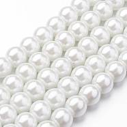Eco-Friendly Dyed Glass Pearl Round Bead Strands, Cotton Cord Threaded, White, 8mm, Hole: 1.2~1.5mm, about 52pcs/strand, 15 inch(X-HY-A008-8mm-RB001)