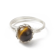 Natural Tiger Eye Braided Bead Finger Ring, Copper Wire Wrap Jewelry for Women, Silver, Inner Diameter: US Size 7 1/4(17.5mm)(RJEW-TA00066-04)