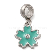 304 Stainless Steel Enamel European Dangle Charms, Large Hole Pendants with Crystal Rhinestone, Sakura, Stainless Steel Color, Light Sea Green, 25mm, Pendant: 15x14x2.5mm, Hole: 4.5mm(STAS-G308-31P-01)