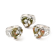 Natural Unakite Adjustable Rings, Platinum Tone Heart with Flower Brass Rings for Women, Cadmium Free & Lead Free, US Size 6 3/4(17.1mm), 4.5~9mm(RJEW-P043-03P-08)