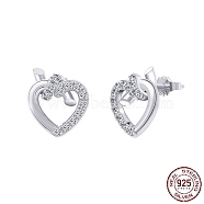 Rhodium Plated 925 Sterling Silver Heart Stud Earrings, with Clear Cubic Zirconia, with S925 Stamp, Real Platinum Plated, 9x9.5mm(STER-M116-02P)
