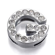 Alloy Letter Slide Charms, with Crystal Rhinestone, Cadmium Free & Lead Free, Platinum, Letter.G, 21x21x7.5mm, Hole: 2.5x17mm(RB-F034-01G-P-RS)
