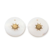 Natural Shell flat Round Charms with 304 Stainless Steel Star Ornament, Real 18K Gold Plated, 15x3.5mm, Hole: 1mm(BSHE-Z004-01)