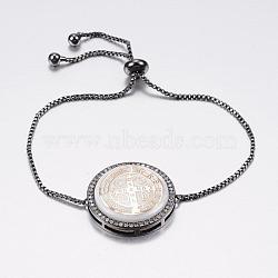 Adjustable Brass Micro Pave Cubic Zirconia Shell Bolo Bracelets, Slider Bracelets, with Brass Box Chains, Flat Round with Saint Benedict Medal, White, Gunmetal, 10-1/4 inch(260mm), 1.2mm(BJEW-H557-09B)