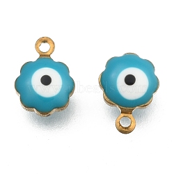 Golden Tone Brass Enamel Charms, Flower with Eye, Dark Cyan, 9x7x5mm, Hole: 1mm(KK-Q571-05E)