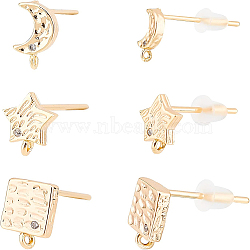 BENECREAT 18Pcs 3 Style Brass Cubic Zirconia Stud Earring Findings with Loop, with 40Pcs Plastic Ear Nuts, Moon & Star & Square, Real 18K Gold Plated, 7~8.5x5~6.5mm, hole: 0.5~0.7mm, Pin: 0.7mm, 6pcs/style(KK-BC0007-99)