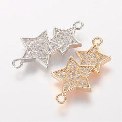 Brass Micro Pave Cubic Zirconia Links, Star, Mixed Color, 25x13x2mm, Hole: 1mm(ZIRC-K061-90)