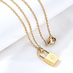 304 Stainless Steel Rolo Chain Pendant Necklaces, Padlock Necklaces for Women Men, Locks with Letter, Letter O, 17.64 inch(44.8cm)(NJEW-S444-01G-15)