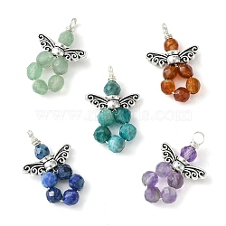5Pcs 5 Styles Natural Mixed Gemstone Faceted Pendants, Angel Charms with Antique Silver Tone Alloy Wings, 21~22x14x4mm, Hole: 2.2mm, 1pc/style(PALLOY-TA00099)