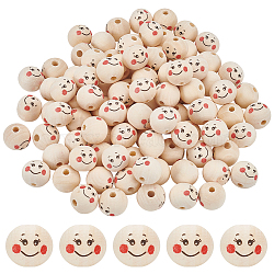 Elite 100Pcs Printed Wood European Beads, Wooden Large Hole Round Beads with Smiling Face Print, Undyed, BurlyWood, 20x18mm, Hole: 5mm(WOOD-PH0002-88A)