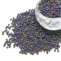 12/0 Grade A Round Glass Seed Beads, Metallic Colours Iris, Matte Style, Purple Plated, 12/0, 2x1.5mm, Hole: 0.8mm, about 30000pcs/bag(SEED-Q008-M603)