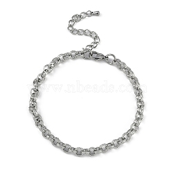 Anti-Tarnish 304 Stainless Steel Textured Rolo Chain Anklets, Stainless Steel Color, 8 inch(20.3cm)(AJEW-A057-03P)