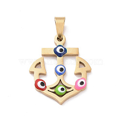 Vacuum Plating 304 Stainless Steel Enamel Pendants, Golden, Hollow, Anchor with Evil Eye, Colorful, 21x17x2mm, Hole: 5x3mm(STAS-D186-04G)