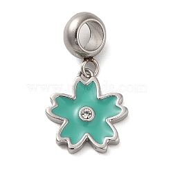 304 Stainless Steel Enamel European Dangle Charms, Large Hole Pendants with Crystal Rhinestone, Sakura, Stainless Steel Color, Light Sea Green, 25mm, Pendant: 15x14x2.5mm, Hole: 4.5mm(STAS-G308-31P-01)