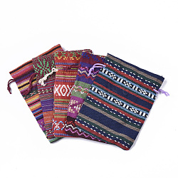 Ethnic Style Cotton Packing Pouches Bags, Drawstring Bags, with Random Color Drawstring Cord, Rectangle, Mixed Color, 13~14x9.8~10cm(X-ABAG-S002-09)