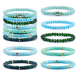 7Pcs 7 Style Handmade Polymer Clay Heishi Surfer Stretch Bracelets Set, Glass Beads Bracelets, Stackable Preppy Bracelets for Women, Spring Green, Inner Diameter: 2-1/8 inch(5.3cm), 1Pc/style(BJEW-SW00073-07)