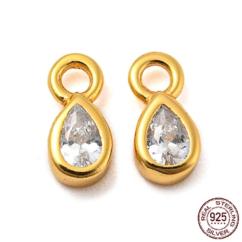 Real 18K Gold Plated 925 Sterling Silver Charms, with Clear Cubic Zirconia, with S925 Stamp, Teardrop, 6.3x3x2mm, Hole: 1.2mm