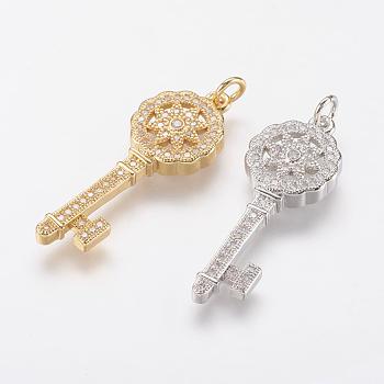 Brass Micro Pave Cubic Zirconia Pendants, Key with Flower, Mixed Color, 33x12.5x3mm, Hole: 3mm